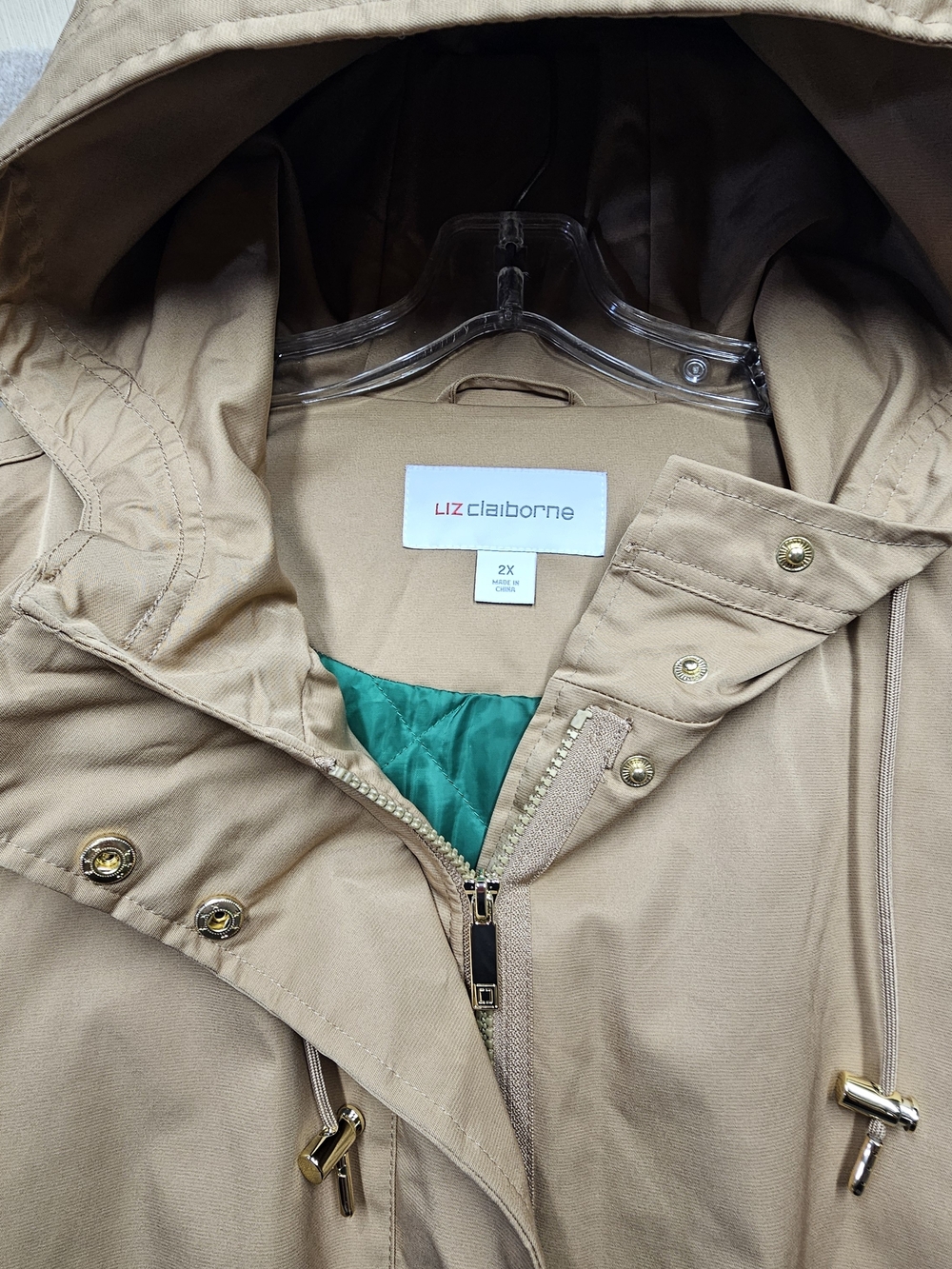 Liz Claiborne Hooded Rain Jacket Coat 2X NWT Quilted Green Lined Zip Snap - Picture 5 of 14